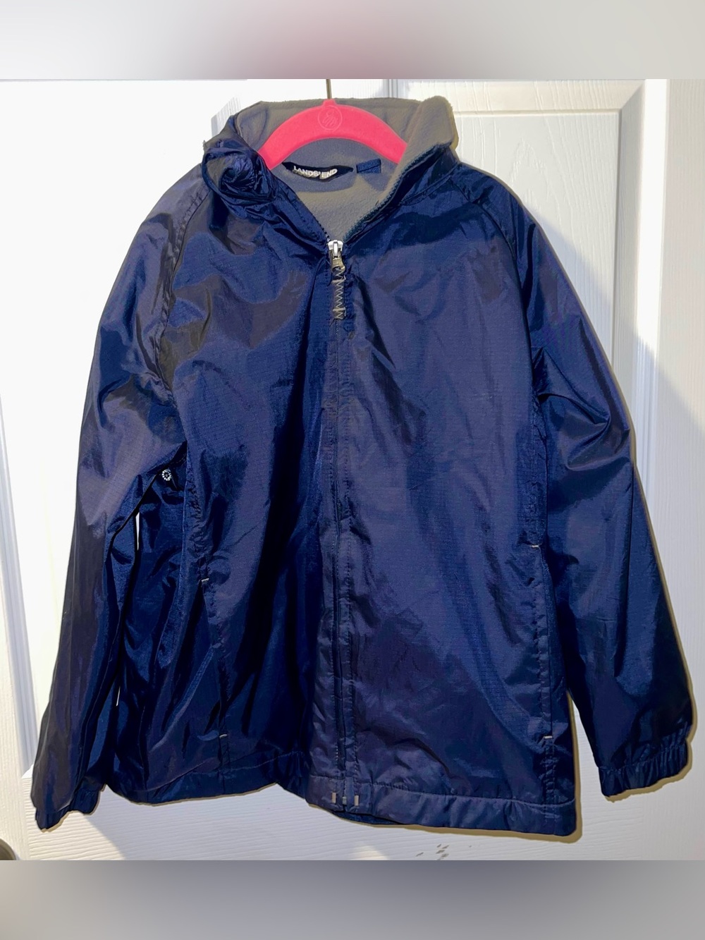 Lands End Rain jacket small 8-9 kids blue gray fleece full zipper